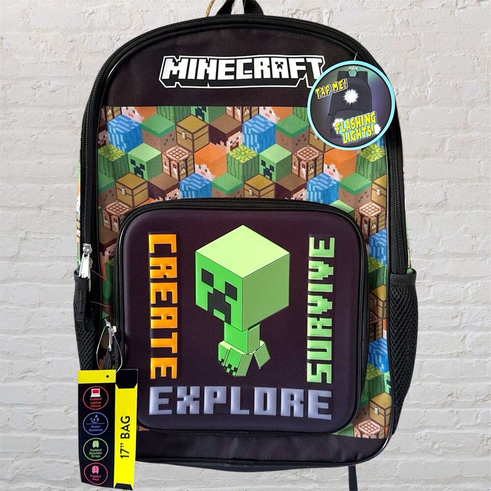 NEW Minecraft Creeper Create, Survive, Explore Boys 17" Light Up Backpack Black